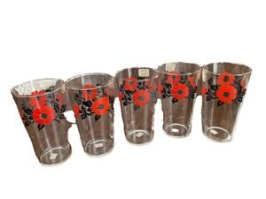 Vintage Hull 4.75” red poppy glasses set of 5 beehive pattern in glass themselve